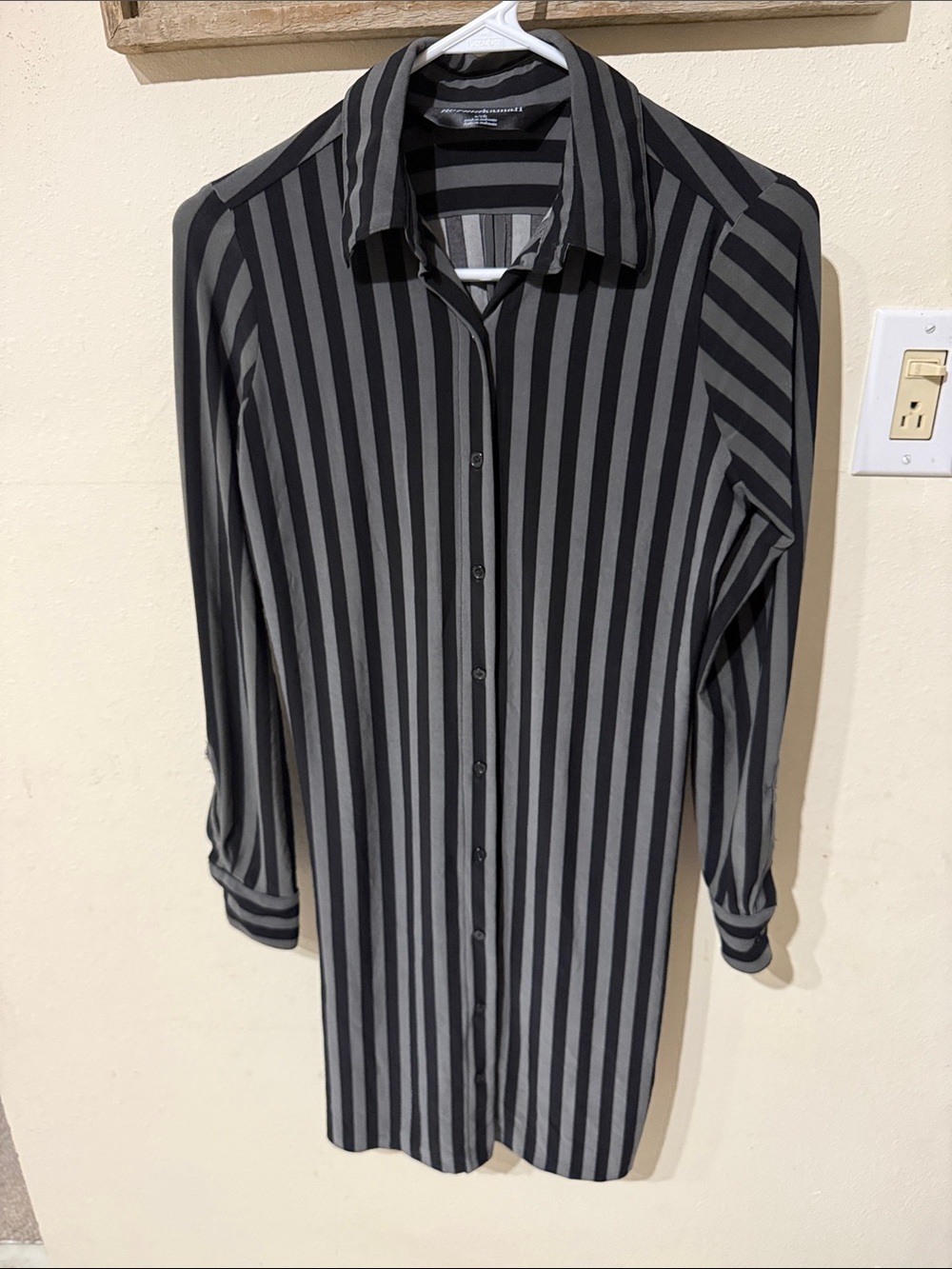 Norma Kamali Black and Gray Vertical Stripe Button-Down Shirt Dress